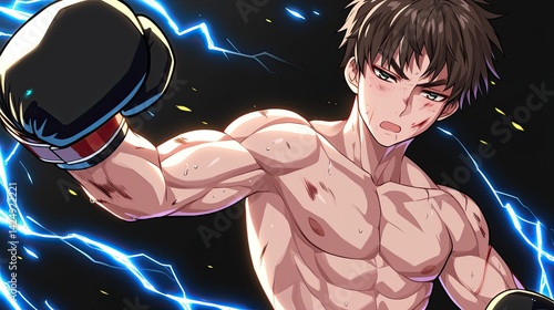 Intense anime style male boxer with muscular physique, fighting stance, dynamic lightning effects, sweat and expression of determination and focus
