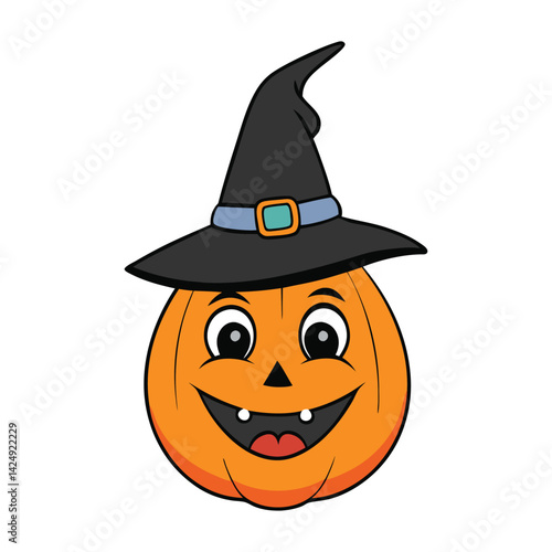 A grinning Halloween pumpkin wears a classic black witch hat, glowing warmly in the dark, spreading spooky yet playful vibes for the festive night.