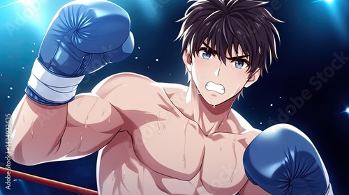Intense anime style male boxer with dark hair and blue gloves in action, fierce expression du a boxing match under dramatic lighting, detailed muscular physique