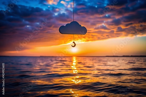 Surreal Silhouette: Floating Cloud Installation Over Calm Sea