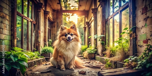 Throwback Pomeranian in Urban Decay: Vintage Charm Meets Grungy Backdrop