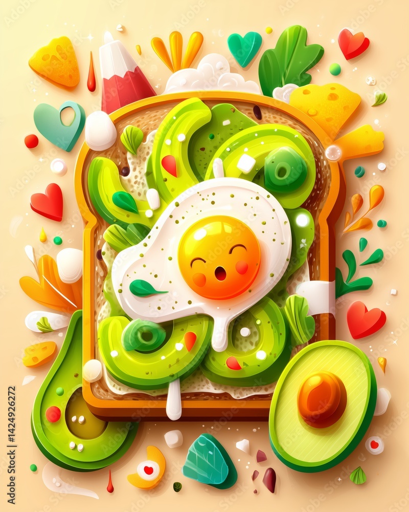 Naklejka premium Colorful illustration of avocado toast with a cheerful egg on top. isolated illustration on solid pastel plain