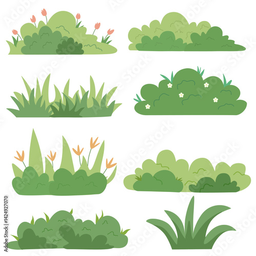 Collection of green bushes and plants with flowers