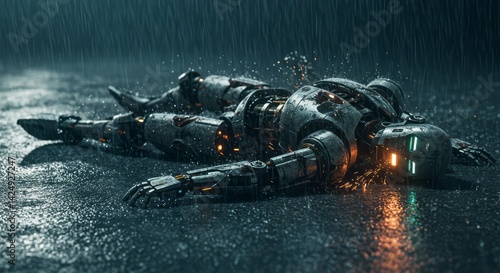 Wounded futuristic robot lying in the rain showing internal mechanism and sparking, conveying a sense of dystopian technology and artificial intelligence failure