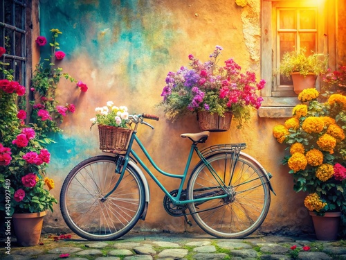 Vibrant Bicycle Leaning Against Blooming Flower Wall - Springtime Scene Stock Photo