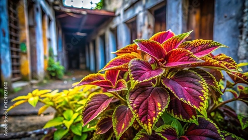 Vibrant Coleus Flowers in Urban Decay: A Stunning Contrast of Nature and Cityscape