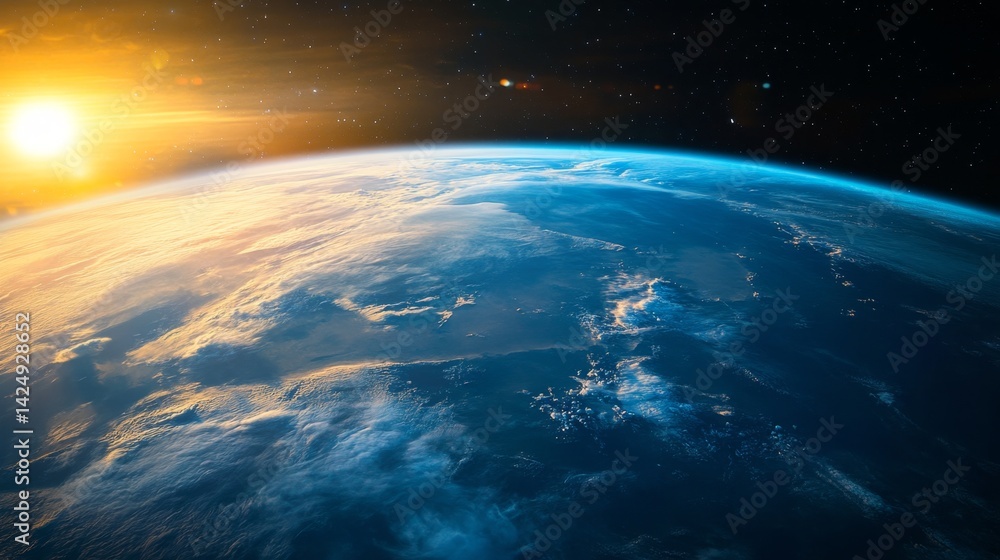 Fototapeta premium Earth at sunrise outer space view planetary landscape cosmic environment astronomical perspective wonder of nature