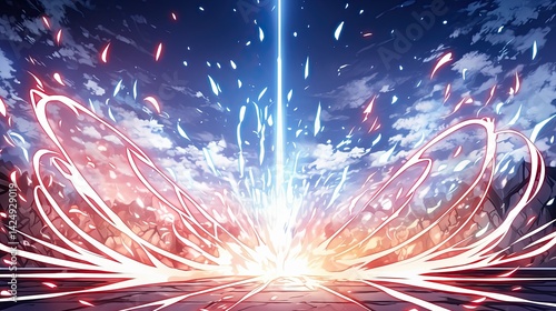Dynamic abstract digital art with vibrant glowing light trails symmetrical patterns and energetic explosion of colorful lines electric sparks against a dark sky