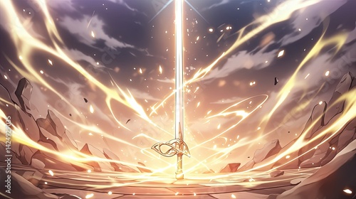 Epic fantasy scene featu a glowing sword planted in the ground surrounded by fiery energy and stormy clouds with mountain silhouettes in the distance