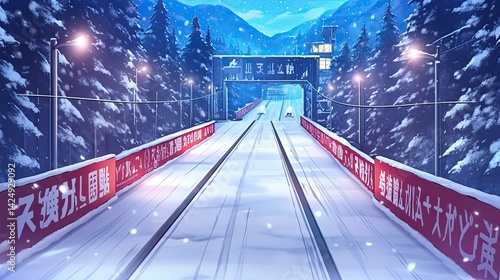 Snowy outdoor ski jump slope at night illuminated by streetlights with pine trees in the background du winter season