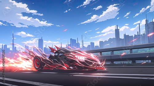Futuristic Racing Car Speeding on a Modern City Highway with Bright Sky and Tall Skyscrapers in the Background du Daylight