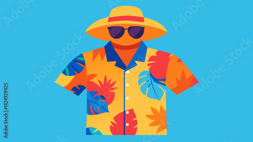 A bright and bold Hawaiian shirt worn over a pair of distressed denim shorts and styled with aviator sunglasses and a straw fedora.. Vector illustration