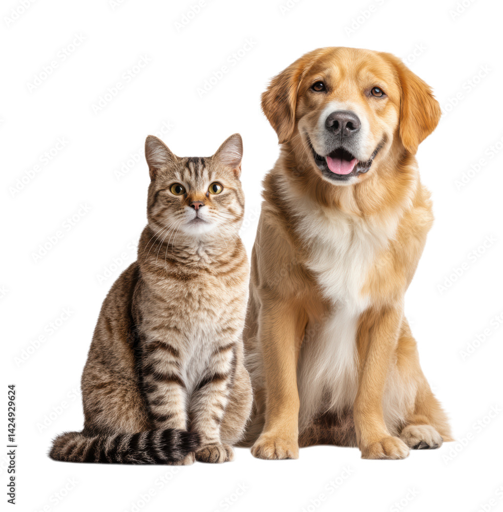 Adorable Striped Tabby Cat and Happy Golden Retriever Dog Together Best Friends Pet Portrait Studio Photography Isolated on Transparent and White Background Adorable Striped Tabby Cat and Happy Golden Retriever Dog Together Best Friends Pet Portrait Studio Photography Isolated on Transparent and White Background