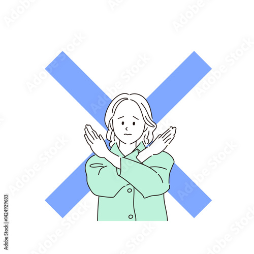 バツ印ポーズで拒否を表現する女性のイラスト｜わかりやすい線画スタイルで注意喚起にも最適