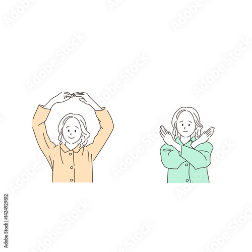 OKとNGのジェスチャーをする女性のイラスト｜判断や選択を伝える表情とポーズ