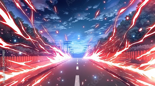 Futuristic city street at night with intense lightning storm and cosmic energy effects illuminating the sky and surrounding environment in a sci-fi scene