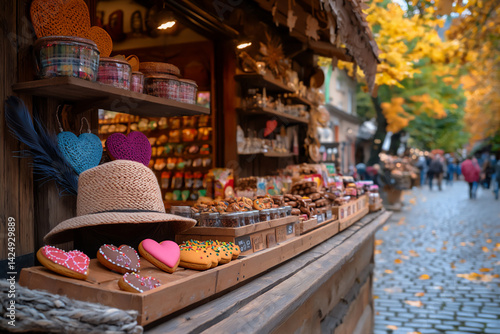 name : oktoberfest souvenir stand, p : a souvenir stand at oktoberfest filled with various items