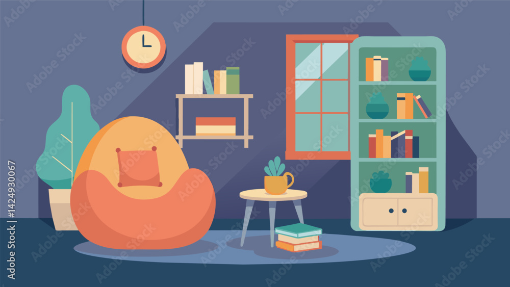 A cozy reading corner in a childs bedroom with a miniature bookshelf and a fluffy bean bag chair encouraging a love for reading at an early age..