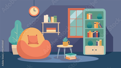 Obraz na płótnie A cozy reading corner in a childs bedroom with a miniature bookshelf and a fluffy bean bag chair encouraging a love for reading at an early age.. w salonie