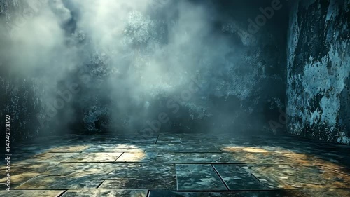 Misty corridor with tiled floor, grungy walls and cloud backdrop