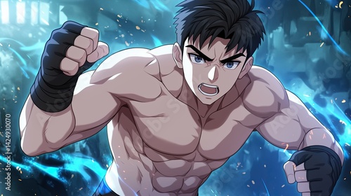 Intense male anime fighter with muscular build and determined expression in action pose surrounded by dynamic glowing blue effects in a vibrant animated scene