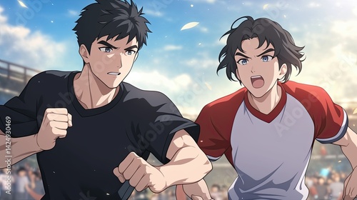 Two animated young men running outdoors in a sports stadium du daytime with clear sky, expressing determination and energy in a competitive setting