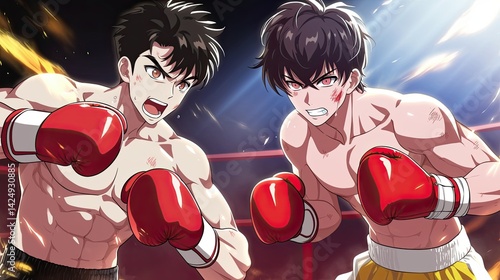 Intense boxing match between two young male fighters with muscular physiques and determined expressions, wea red boxing gloves in a dynamic combat scene
