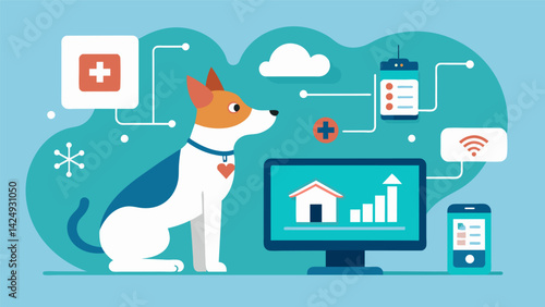 A remote monitoring system allows vets to remotely access realtime activity data of pets recovering from surgeries or illnesses at home.. Vector illustration