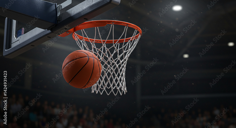 Basketball going through the net during a game in a stadium, close-up shot Basketball going through the net during a game in a stadium, close-up shot