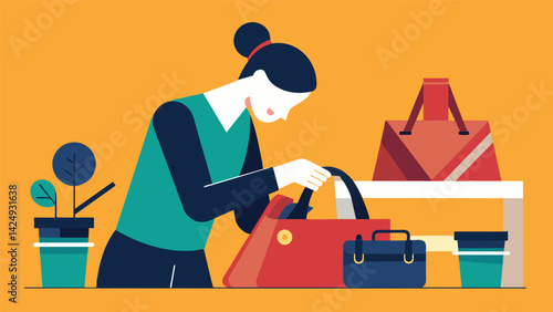 A designer adding finishing touches to a purse made from recycled seatbelts.. Vector illustration