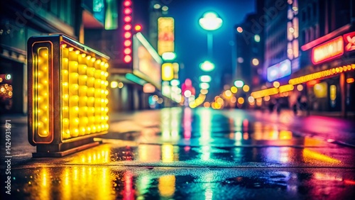 Vintage Neon Yellow Sign, Retro 1980s Style, Bright Glowing Light, Night Cityscape, Electric Sign