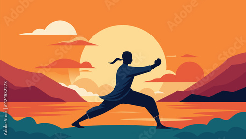 Against the backdrop of a tranquil sunrise a lone figure moves with fluidity and grace through the ancient practice of Tai Chi drawing in the energy. Vector illustration