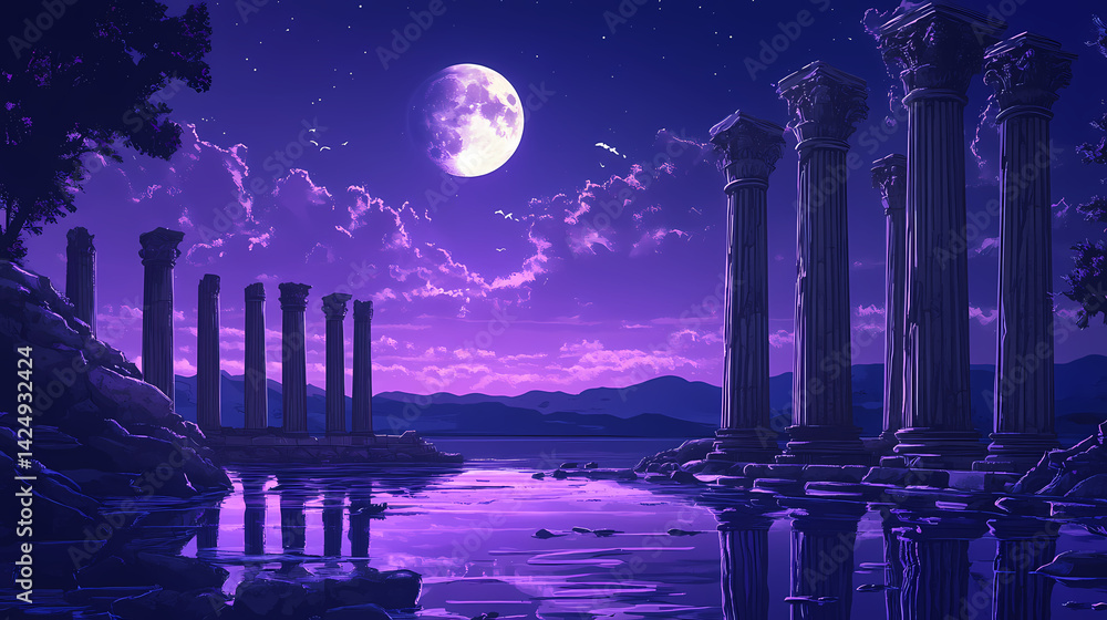 Fototapeta premium Serene scene of ancient columns by water purple moonlit sky evokes sense of tranquility. Moonlit Pillar. Illustration