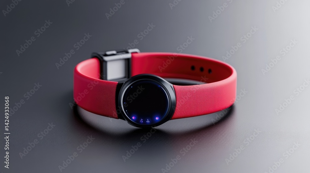 Modern, red fitness tracker. Sleek design with a circular display and comfortable band Modern, red fitness tracker. Sleek design with a circular display and comfortable band