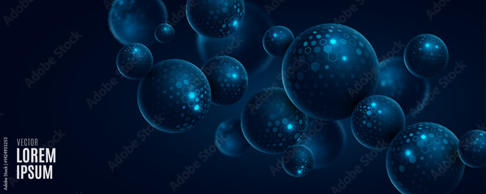 Flying 3d spheres textured with pattern of glowing cyber hexagons. Futuristic fintech background for Business or Science online webinar. Abstract backdrop for web presentation. Vector illustration Flying 3d spheres textured with pattern of glowing cyber hexagons. Futuristic fintech background for Business or Science online webinar. Abstract backdrop for web presentation. Vector illustration