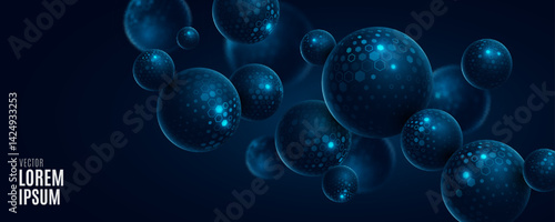 Flying 3d spheres textured with pattern of glowing cyber hexagons. Futuristic fintech background for Business or Science online webinar. Abstract backdrop for web presentation. Vector illustration