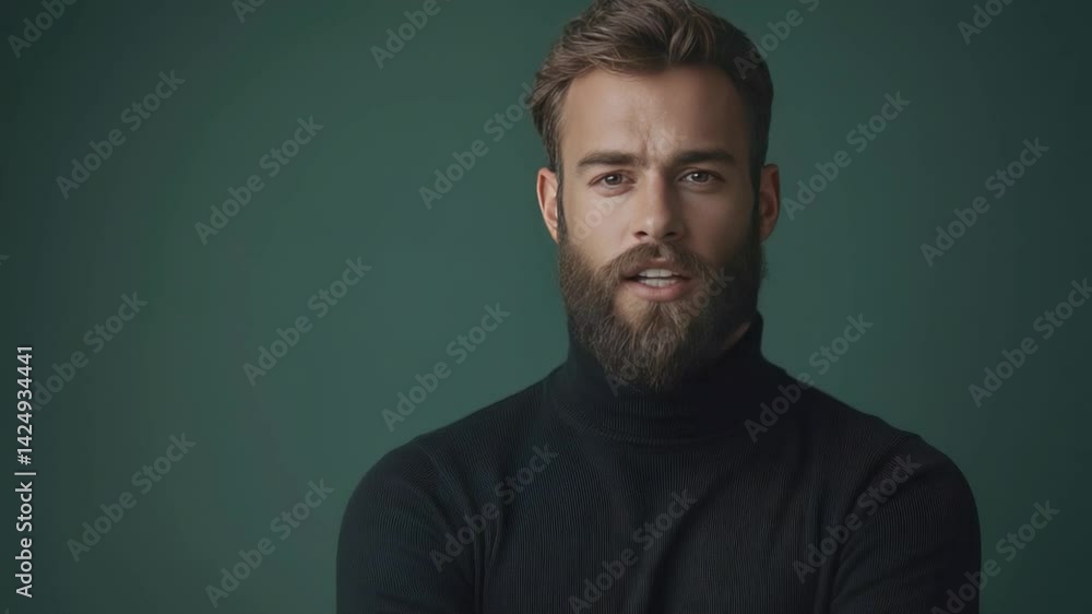 Focused Portrait of a Stylish Man: A close-up portrait captures a handsome man, exuding confidence, charisma, and a touch of mystery against a deep green backdrop. Focused Portrait of a Stylish Man: A close-up portrait captures a handsome man, exuding confidence, charisma, and a touch of mystery against a deep green backdrop.