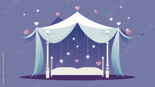 A dreamy canopy hangs above the bed made of flowing white fabric and adorned with strings of paper hearts and stars..