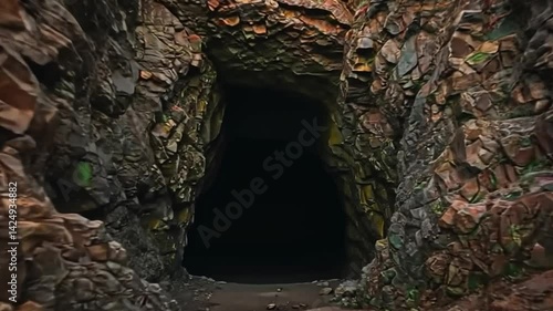 Exploring Dark Cave Entrance Surrounded by Natural Rocky Cliff