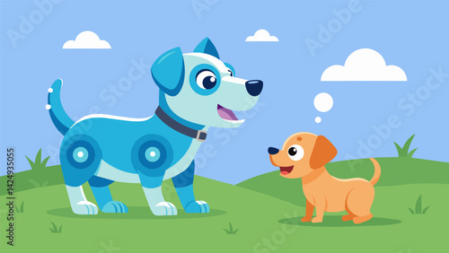 A young puppy barks and plays with its AI pet companion a larger and more advanced version of itself on a grassy field.. Vector illustration