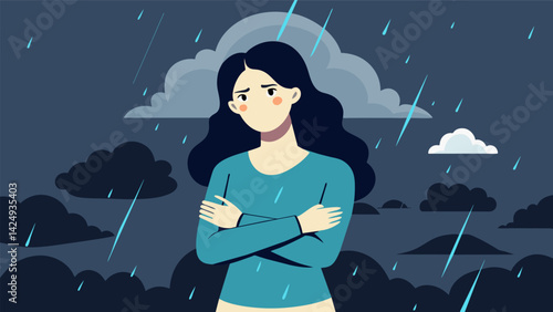 In the before image a woman is shown standing outside in the rain without an umbrella. She is soaking wet and shivering her arms wrapped around.