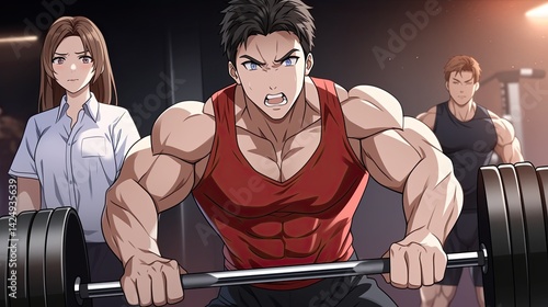 Intense anime style scene featu muscular male character lifting heavy barbell with determination on face, two background figures a woman and a man in a gym setting