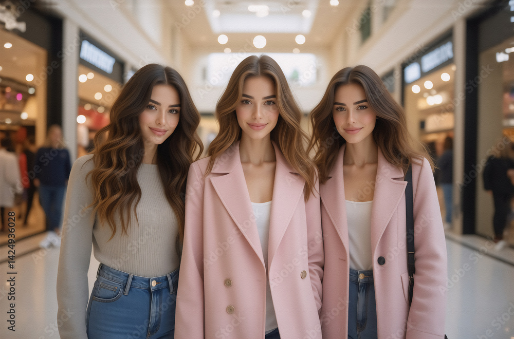 Three beautiful women stand close together in a bright shopping mall, smiling confidently. They wear stylish, coordinated pastel pink coats and jeans. Three beautiful women stand close together in a bright shopping mall, smiling confidently. They wear stylish, coordinated pastel pink coats and jeans.
