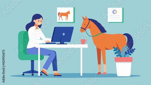 A woman in her office using a virtual vet consultation to seek advice on her horses hoof injury.. Vector illustration