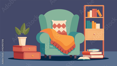 A cozy reading nook with a secondhand armchair and a handmade crocheted blanket from recycled materials.. Vector illustration