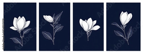 Set of four minimalist magnolia flower illustrations on navy blue background.