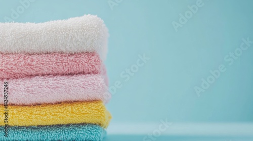 Stacks of soft towels in pink, yellow, white, and blue arranged neatly on a shelf, creating a calming and inviting atmosphere