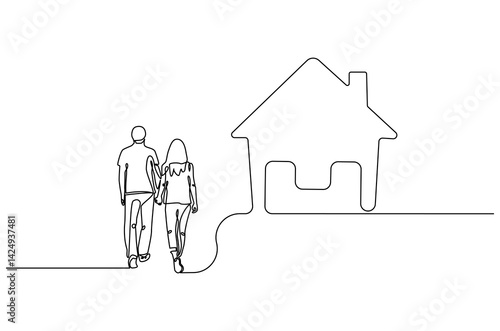 Continuous one line drawing of couple's dream house. Single line drawing illustration of couple looking at the dream house. Real estate concept vector art. Doodle line illustration.