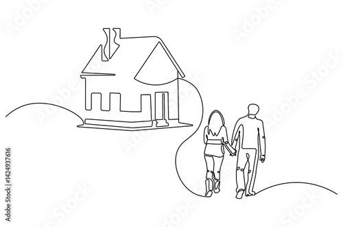 Continuous one line drawing of couple's dream house. Single line drawing illustration of couple looking at the dream house. Real estate concept vector art. Doodle line illustration.