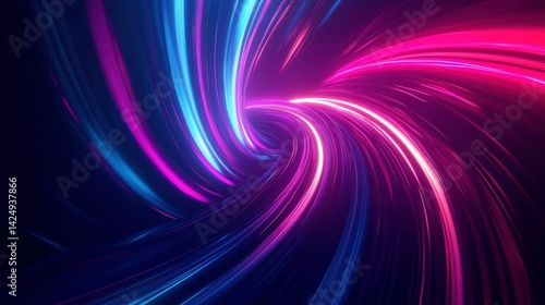 Abstract swirling vortex of pink, purple, and blue neon lights on a dark background. The light trails create a dynamic and energetic composition